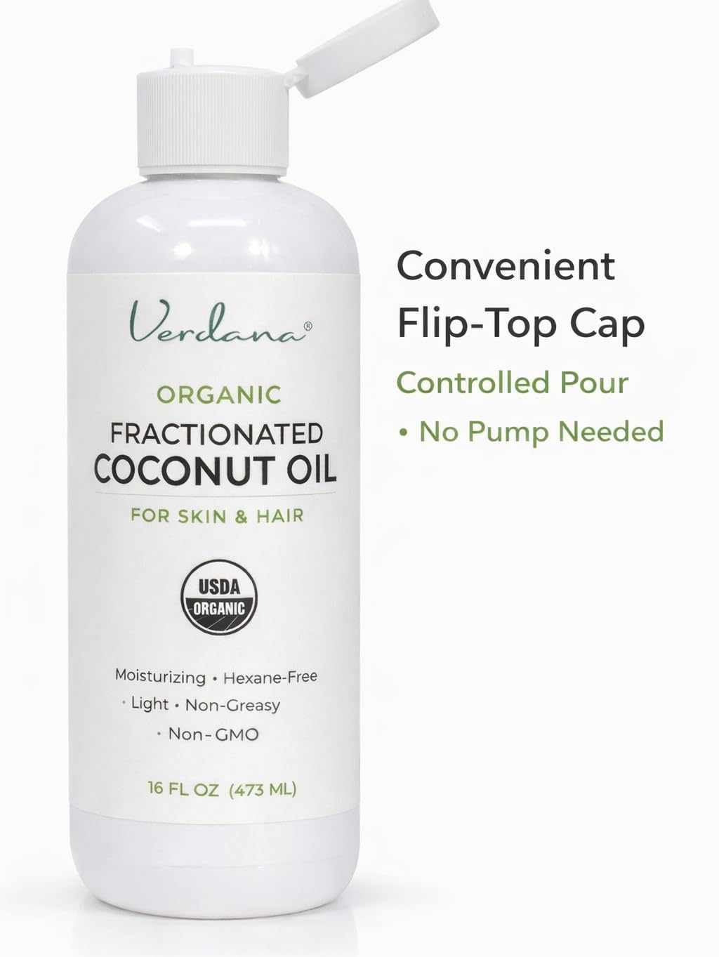 Verdana Organic Fractionated Coconut Oil dispensing pump demonstrates easy application for face and body.