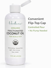 Verdana Organic Fractionated Coconut Oil dispensing pump demonstrates easy application for face and body.