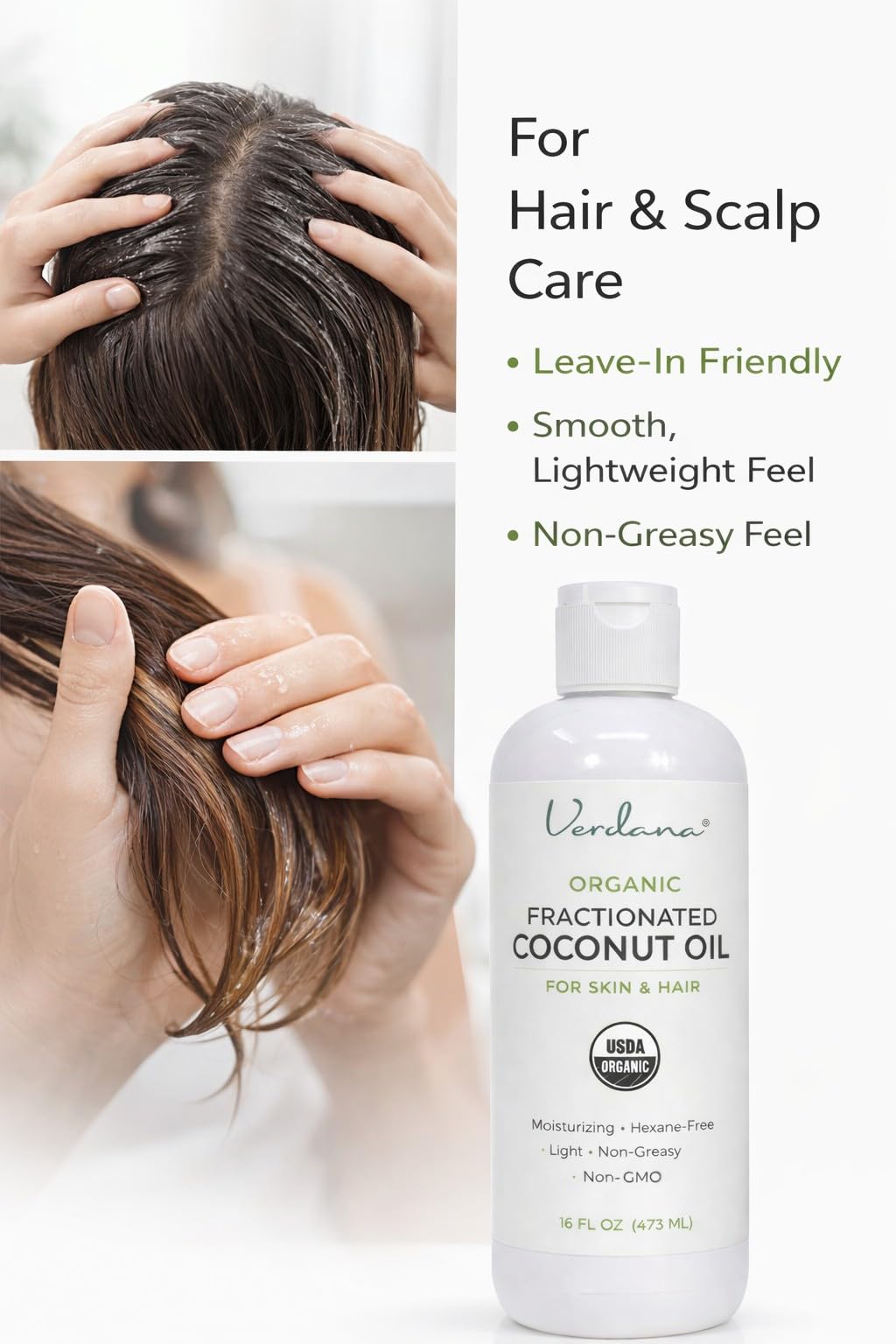 Verdana Organic Fractionated Coconut Oil hair application for conditioning and scalp care.