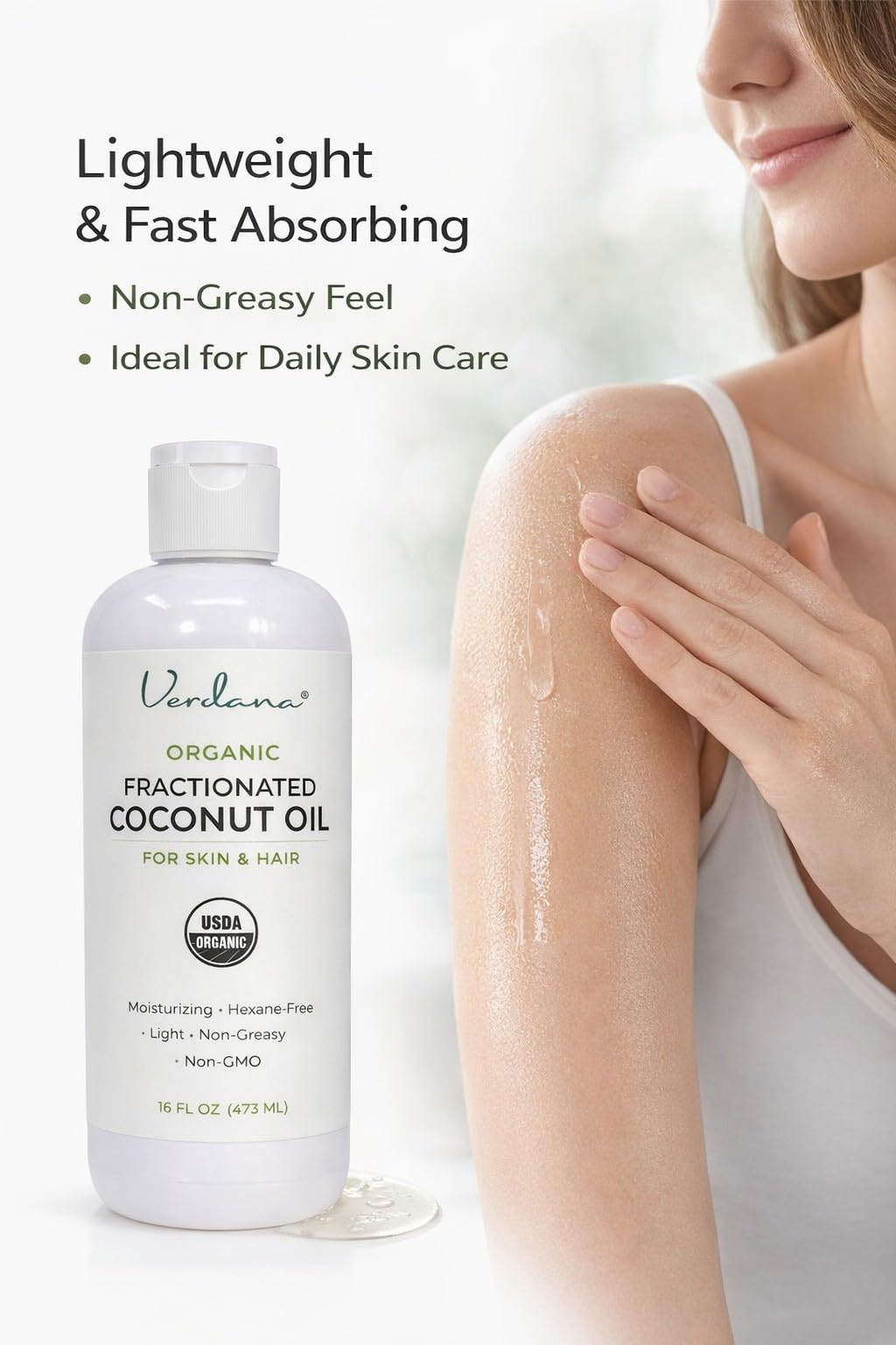 Verdana Organic Fractionated Coconut Oil on skin shows non-greasy feel and quick absorption.