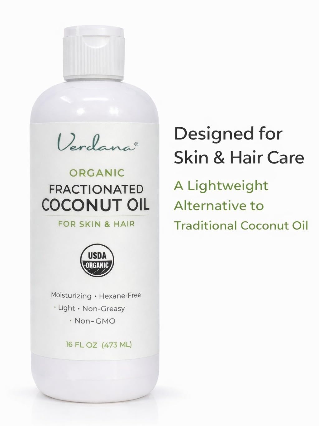 Verdana Organic Fractionated Coconut Oil texture shows clear, odorless formula ideal for skin.