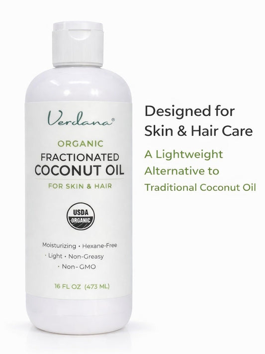 Verdana Organic Fractionated Coconut Oil texture shows clear, odorless formula ideal for skin.