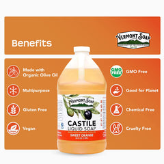 Closeup of Vermont Castile bottle showcasing eco-friendly packaging.
