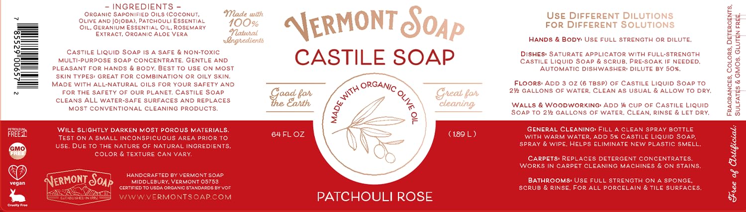 Eco-friendly packaging of Vermont Soap Patchouli Rose Castile Soap