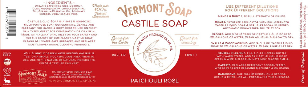 Eco-friendly packaging of Vermont Soap Patchouli Rose Castile Soap
