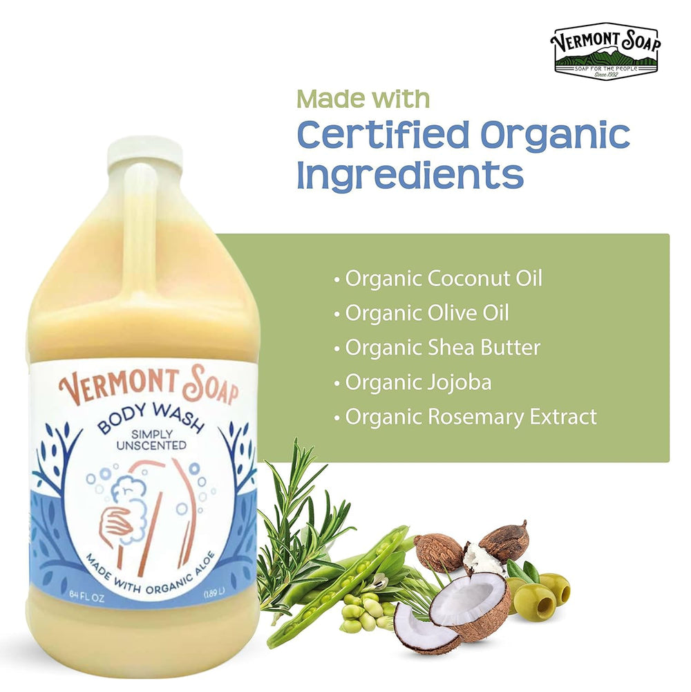 Organic ingredients like aloe and coconut oil in Vermont Soap formula.