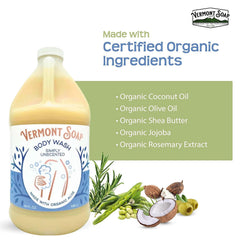 Organic ingredients like aloe and coconut oil in Vermont Soap formula.