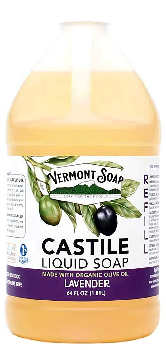 Vermont Soap lavender castile soap pour bottle for gentle cleansing.