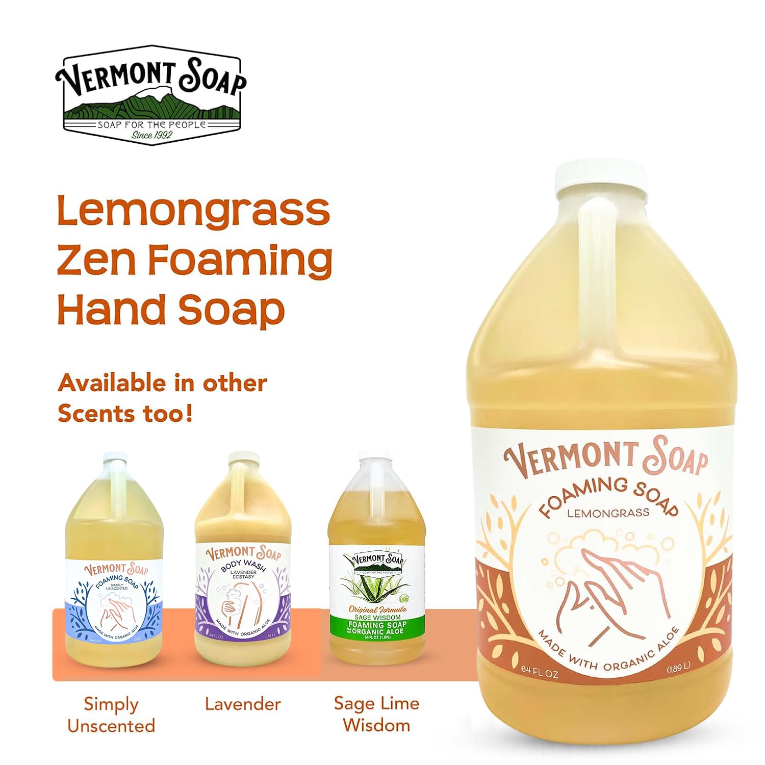 Bathroom setup with 64 oz Vermont Soap Lemongrass Zen bottle ready for use.