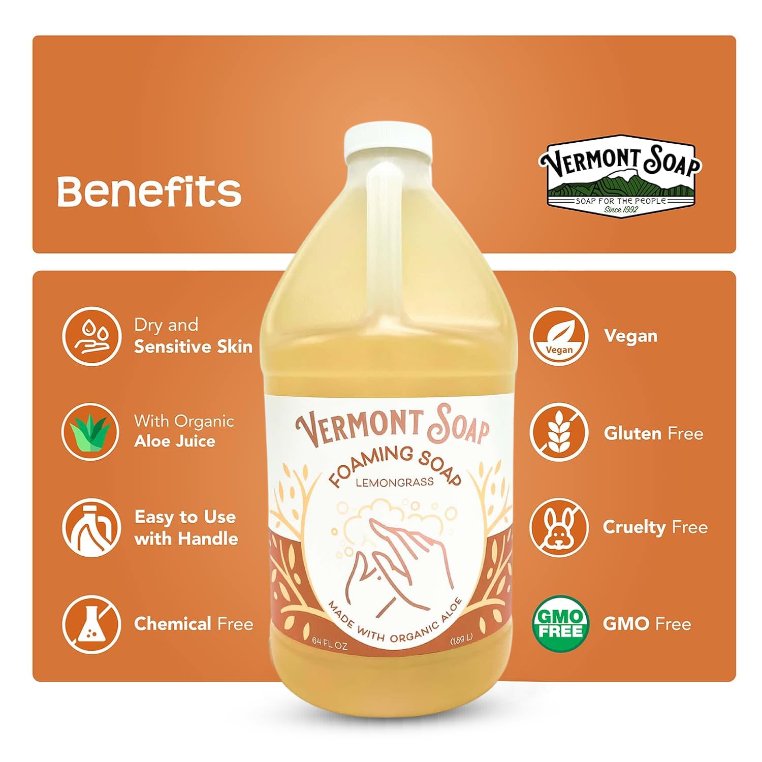 Close-up of creamy foam from Vermont Soap Lemongrass Zen for residue-free cleansing.