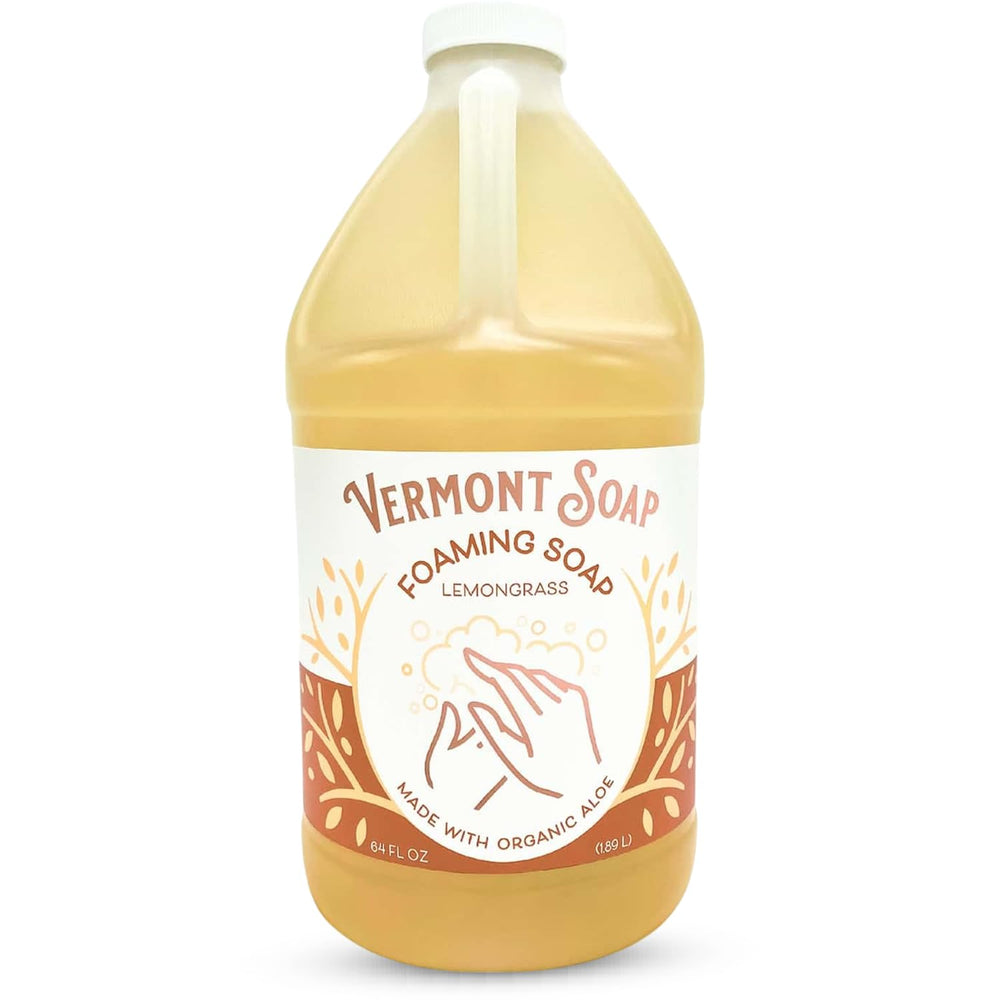 Vermont Soap Lemongrass Zen foaming bottle dispenses gentle moisture for dry skin.