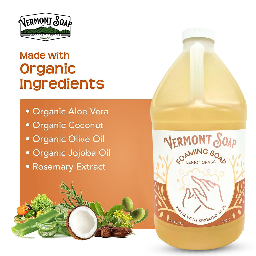 Vermont Soap Lemongrass Zen ingredients panel shows aloe, coconut oil, shea butter.