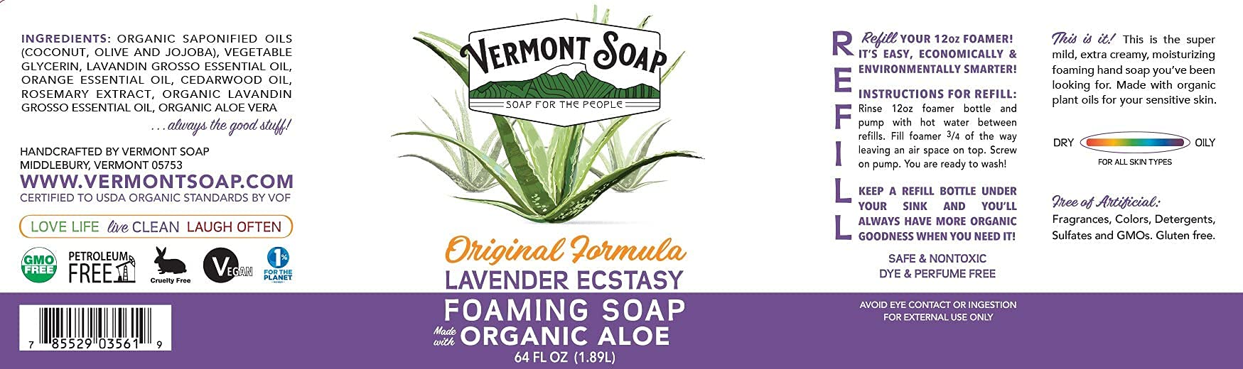 Vermont Soap organic lavender hand soap pump shows gentle cleansing for sensitive skin.
