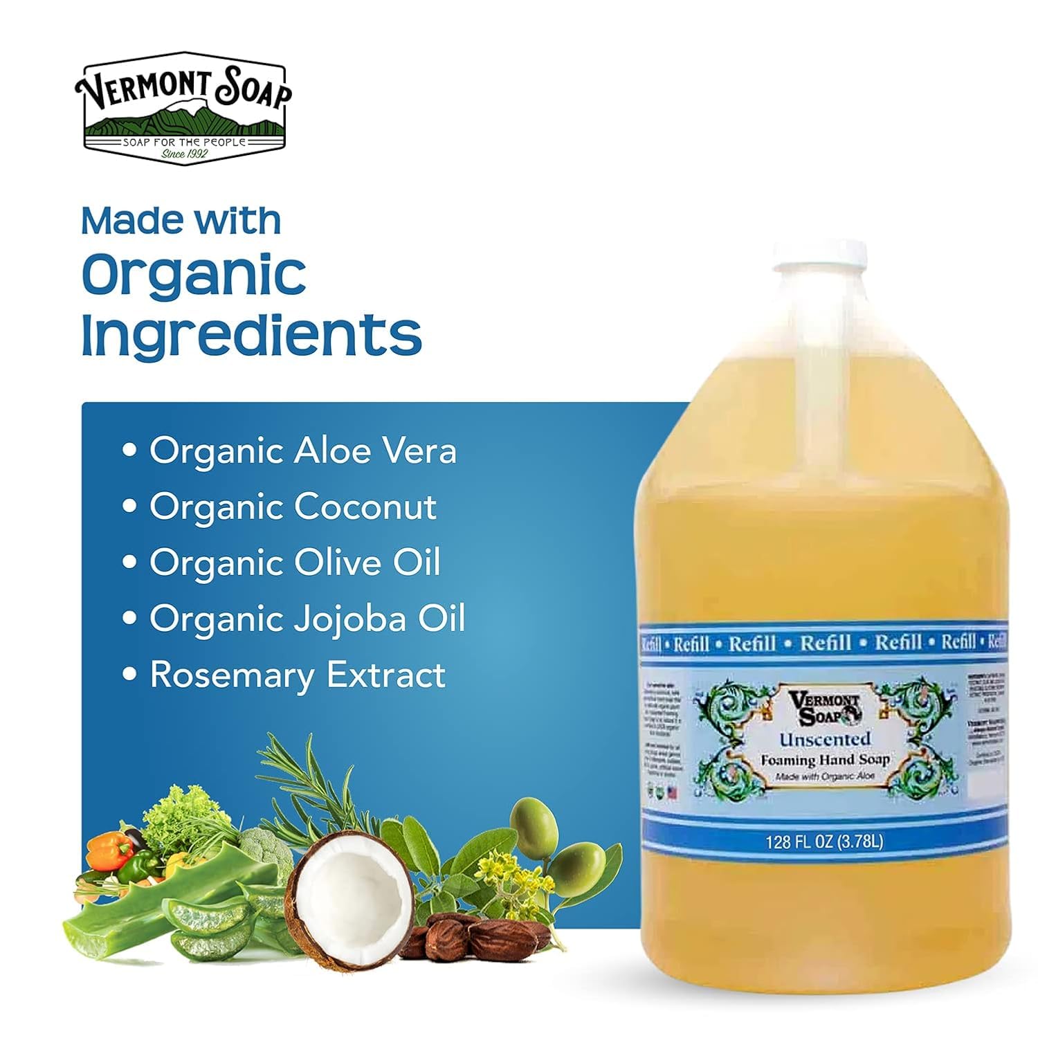 VERMONT SOAP Organics natural ingredients icons indicate organic and gentle cleansing.