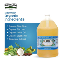 VERMONT SOAP Organics natural ingredients icons indicate organic and gentle cleansing.