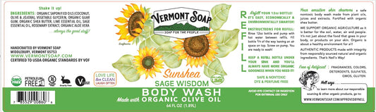 Closeup of Vermont Soap unscented bottle label and 64 oz packaging