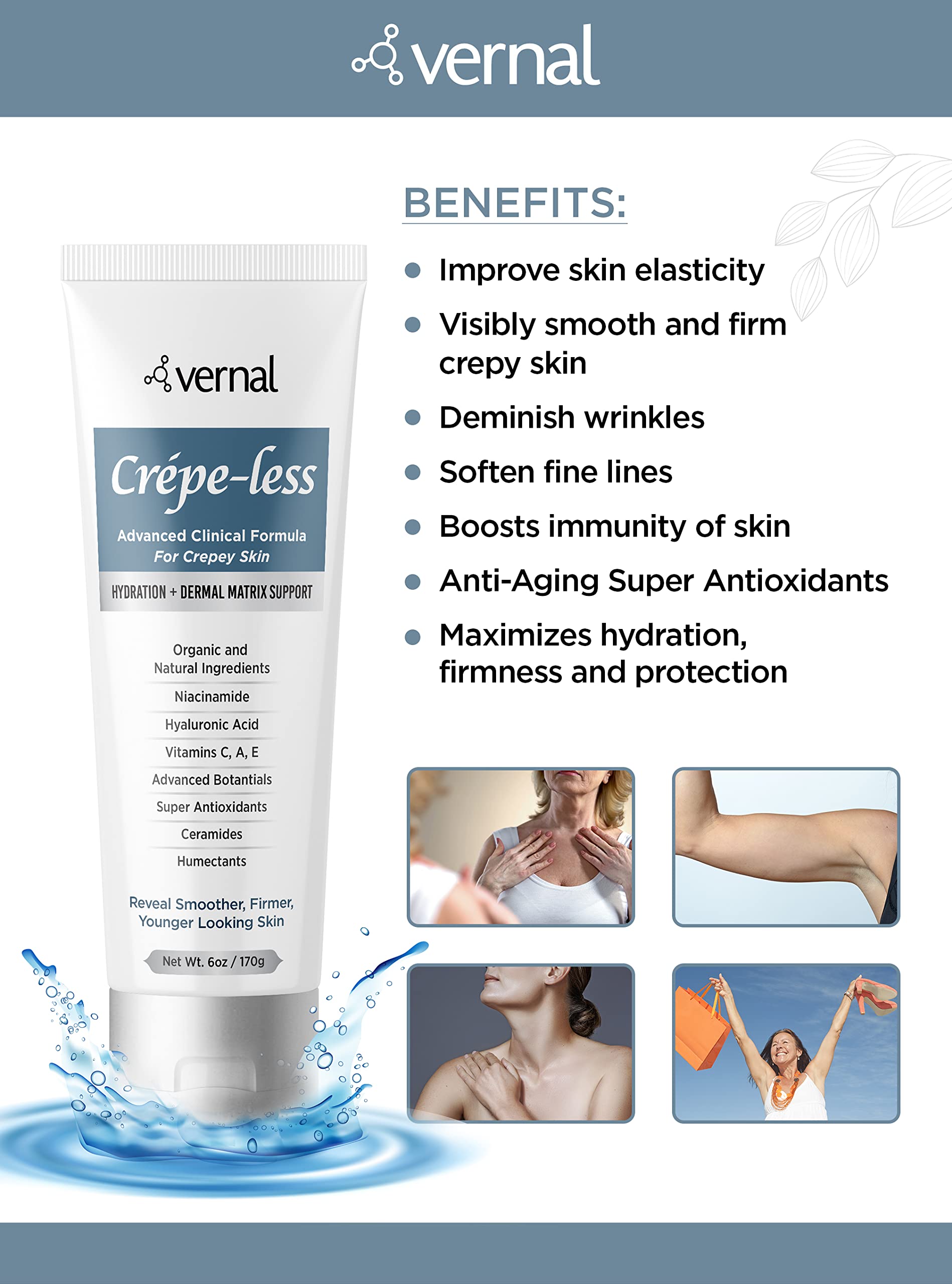 Arm application of Vernal crepe-less cream smooths dry skin.