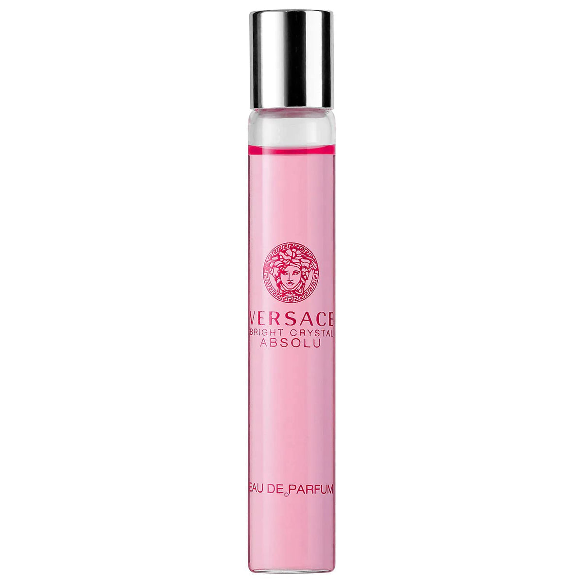 Versace Bright Crystal Absolu travel spray bottle viewed from the front for convenient on-the-go fragrance.