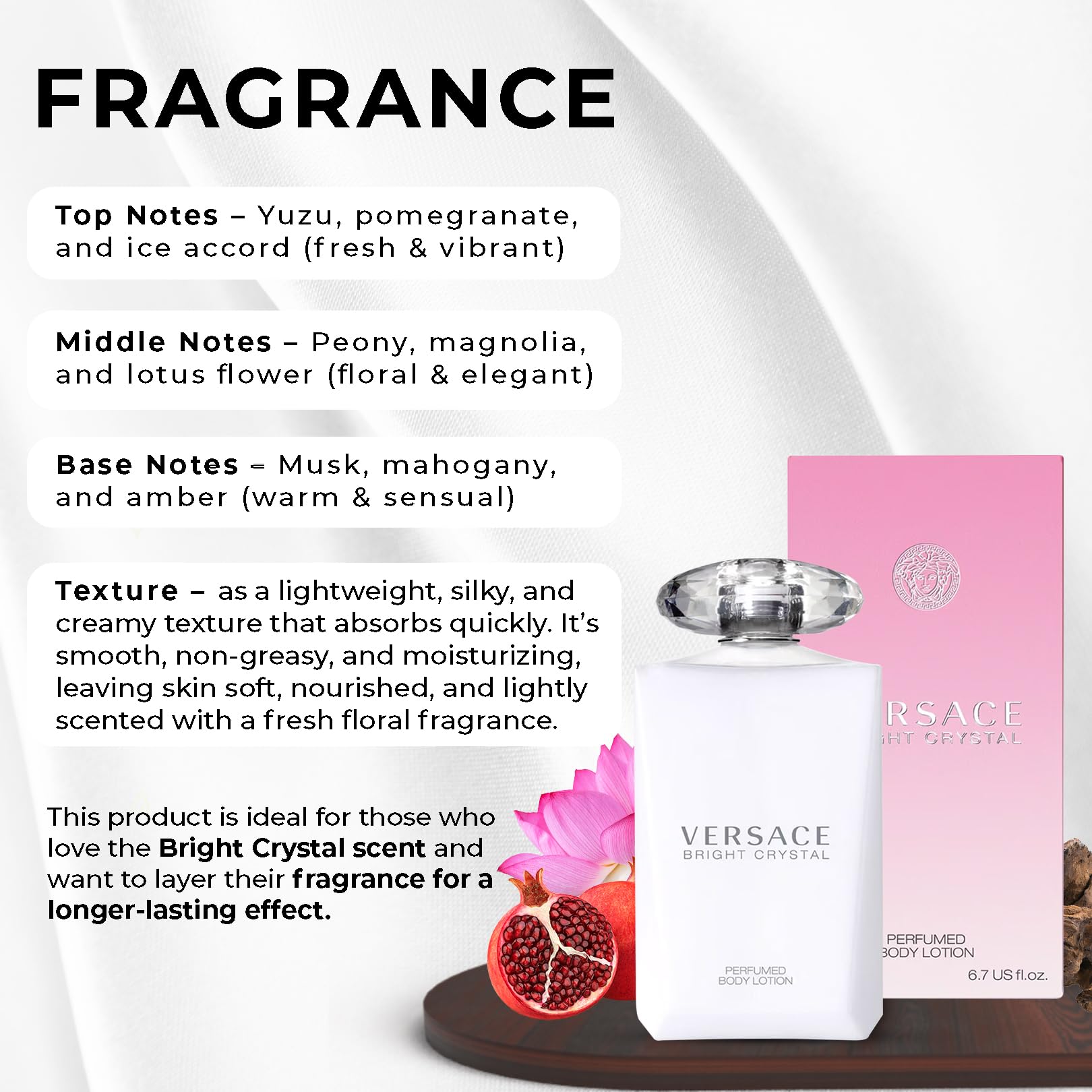 Fragrance notes of yuzu and pomegranate in Versace Bright Crystal.