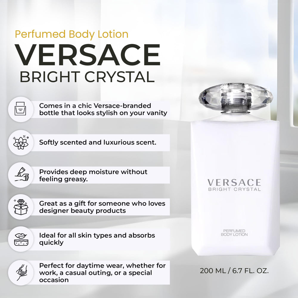 Versace Bright Crystal lotion absorbs quickly for velvety, soft skin.