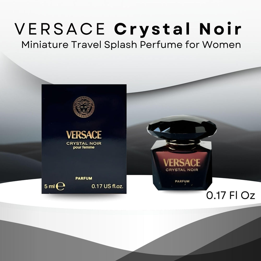 Versace Crystal Noir mini bottle cap close-up, chic detail for travel.