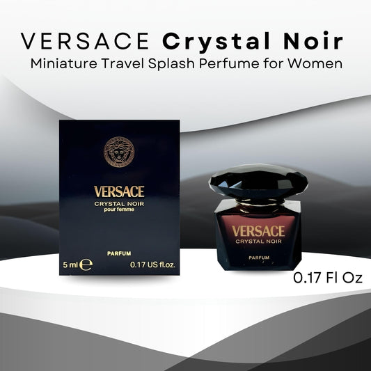 Versace Crystal Noir mini bottle cap close-up, chic detail for travel.