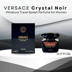 Versace Crystal Noir mini bottle cap close-up, chic detail for travel.