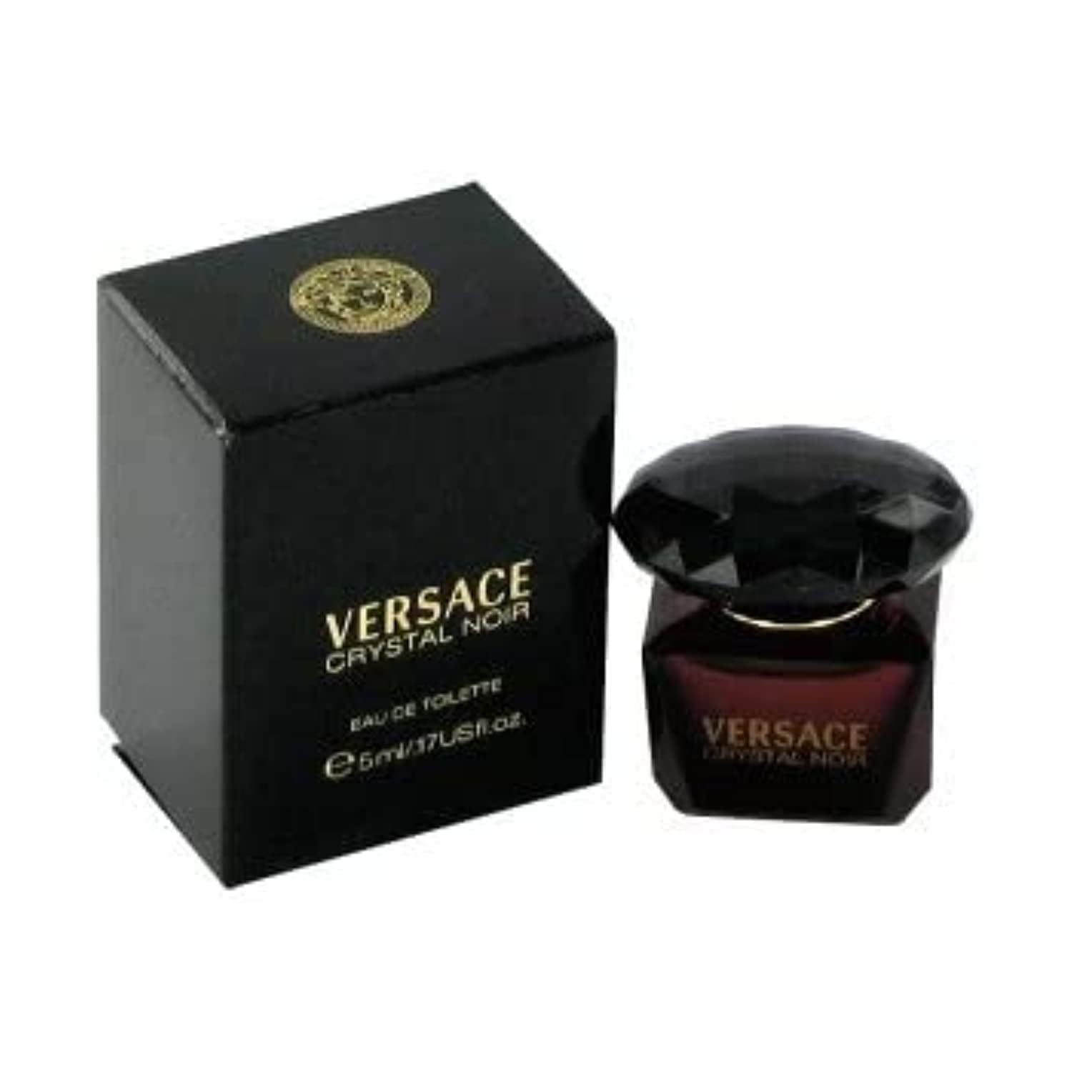 Versace Crystal Noir mini bottle, top view, sleek couture-inspired scent