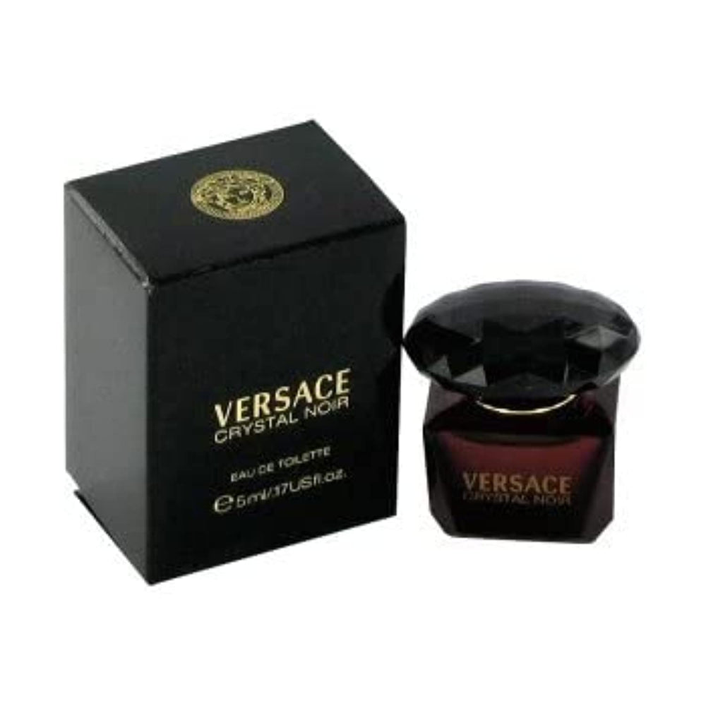 Versace Crystal Noir mini bottle, top view, sleek couture-inspired scent