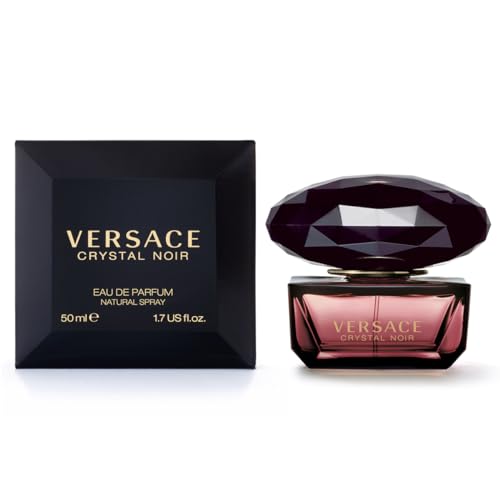Versace Crystal Noir bottle close-up, rich floral-woody aroma hint for special occasions