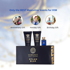 Versace Dylan Blue mini-set on a dresser, ideal for travel and gifting