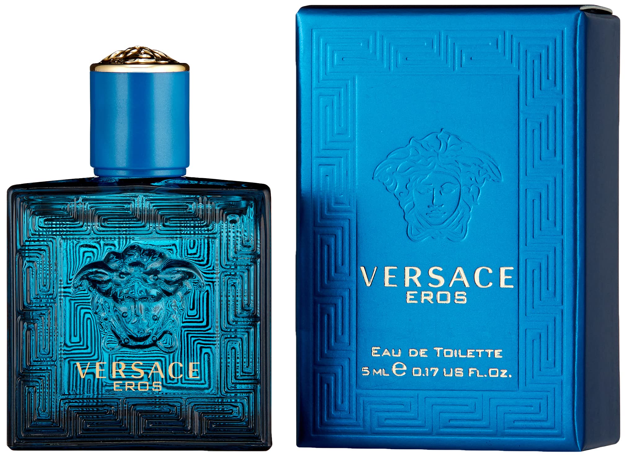 Versace Eros bottle cap emblem signals luxury and iconic branding.