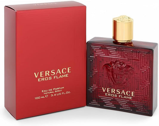 Versace Eros Flame bottle close-up, ideal for evening events and bold, confident style.