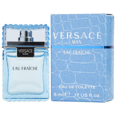 Versace Man Eau Fraiche mini bottle closeup, portable freshness for on-the-go use.