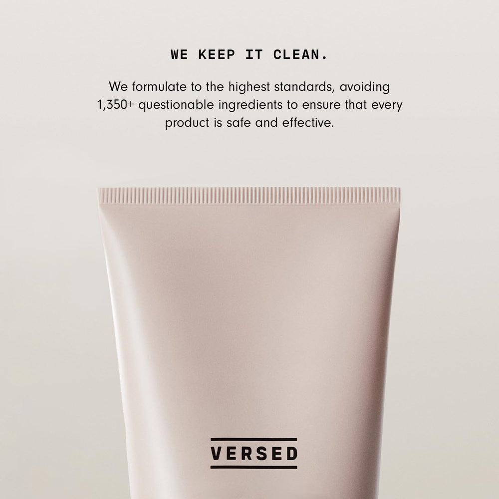 Versed lotion bottle and packaging displayed on a vanity.