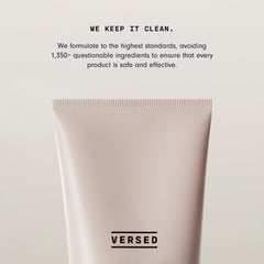 Versed lotion bottle and packaging displayed on a vanity.