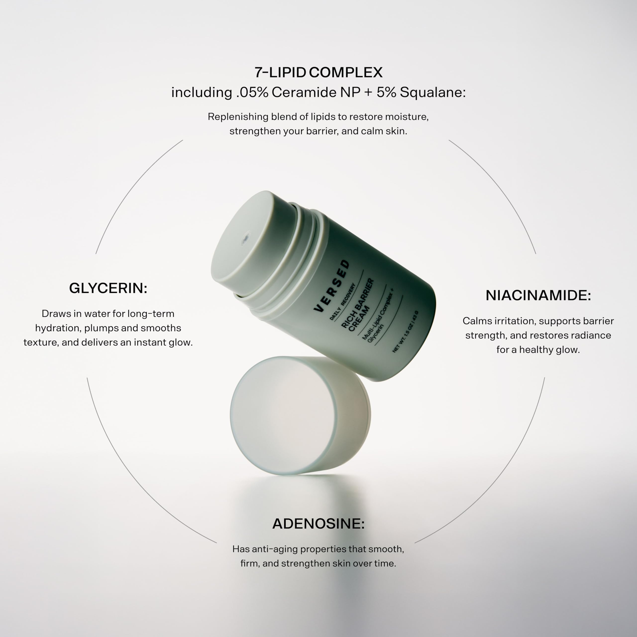 Versed Daily Recovery Rich Barrier Cream packaging detail emphasizing easy daily use