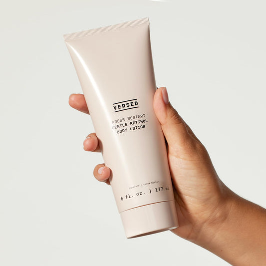 Versed Press Restart Retinol Body Lotion two-pack on a shelf for convenient restocking.