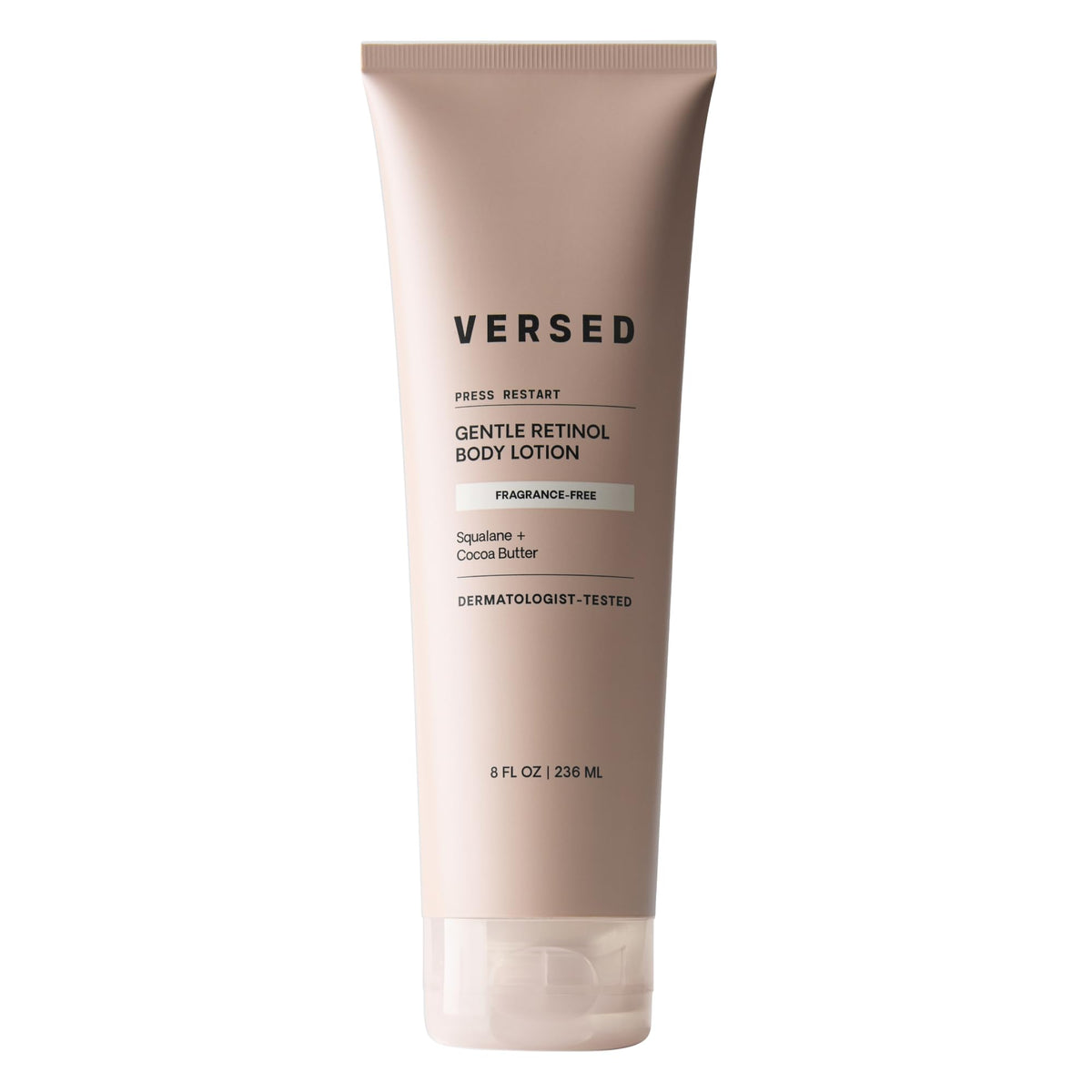 Versed Press Restart Retinol Body Lotion bottle promotes smoothing texture and brightening skin.