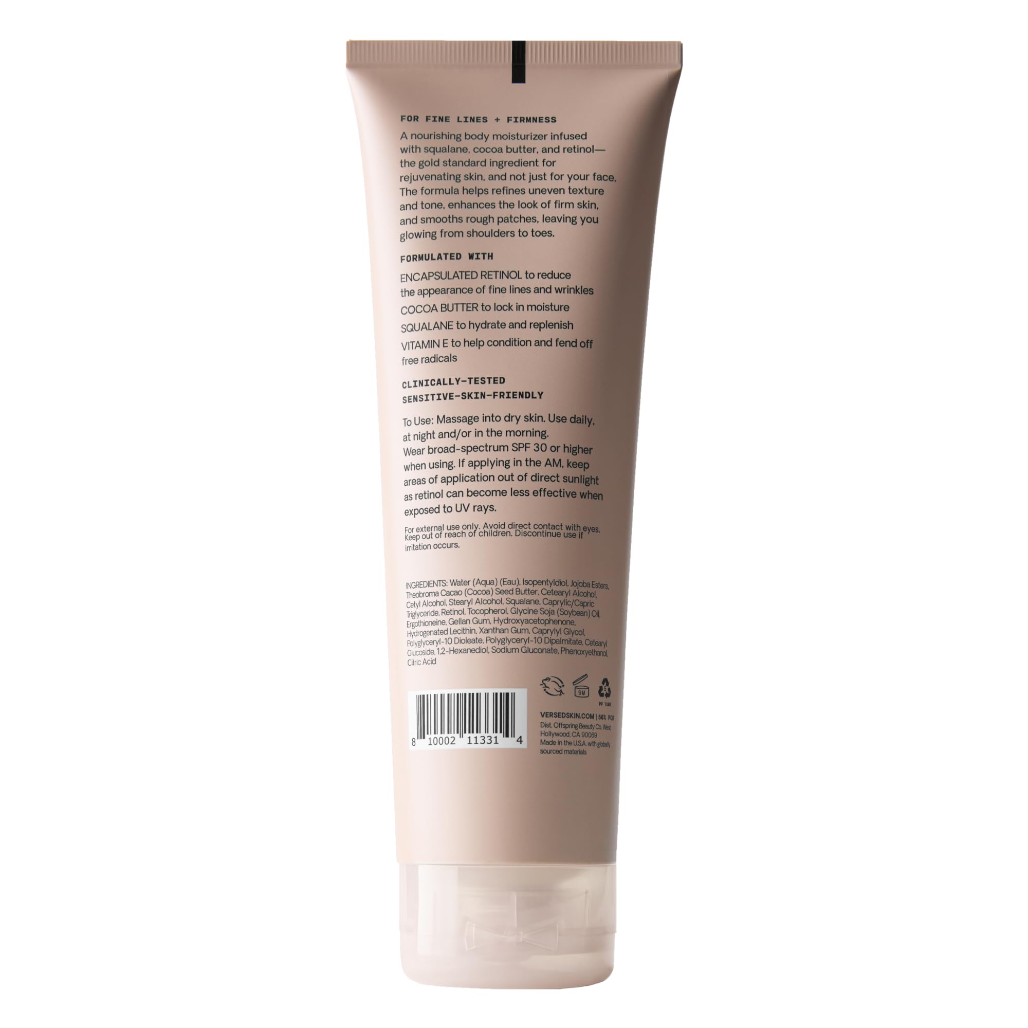 Versed Press Restart Retinol Body Lotion packaging highlights vegan, cruelty-free credentials.