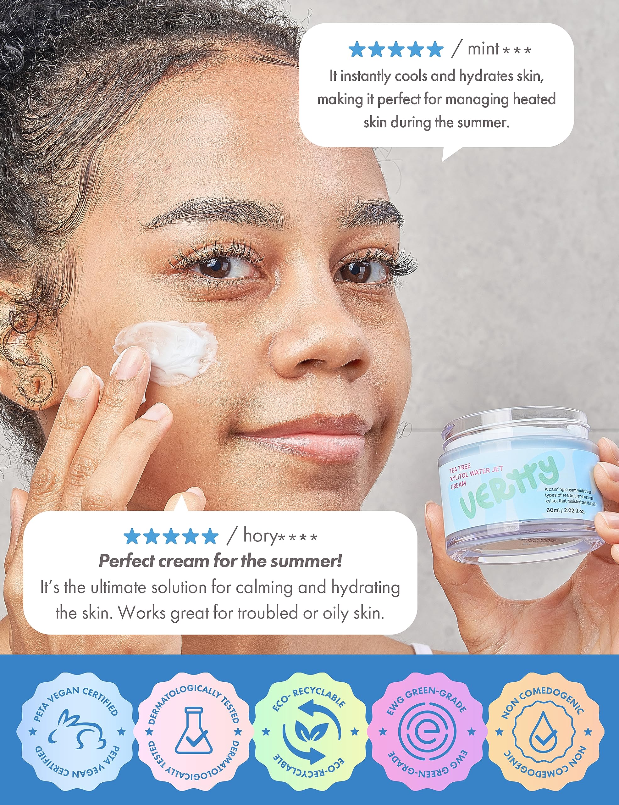 Finger massage during application suggests a gentle, refreshing skincare routine.