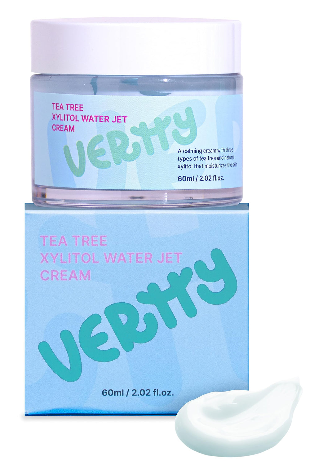 Vertty Tea Tree Xylitol Hydrating Facial Cream bottle demonstrates cooling hydration for sensitive skin.