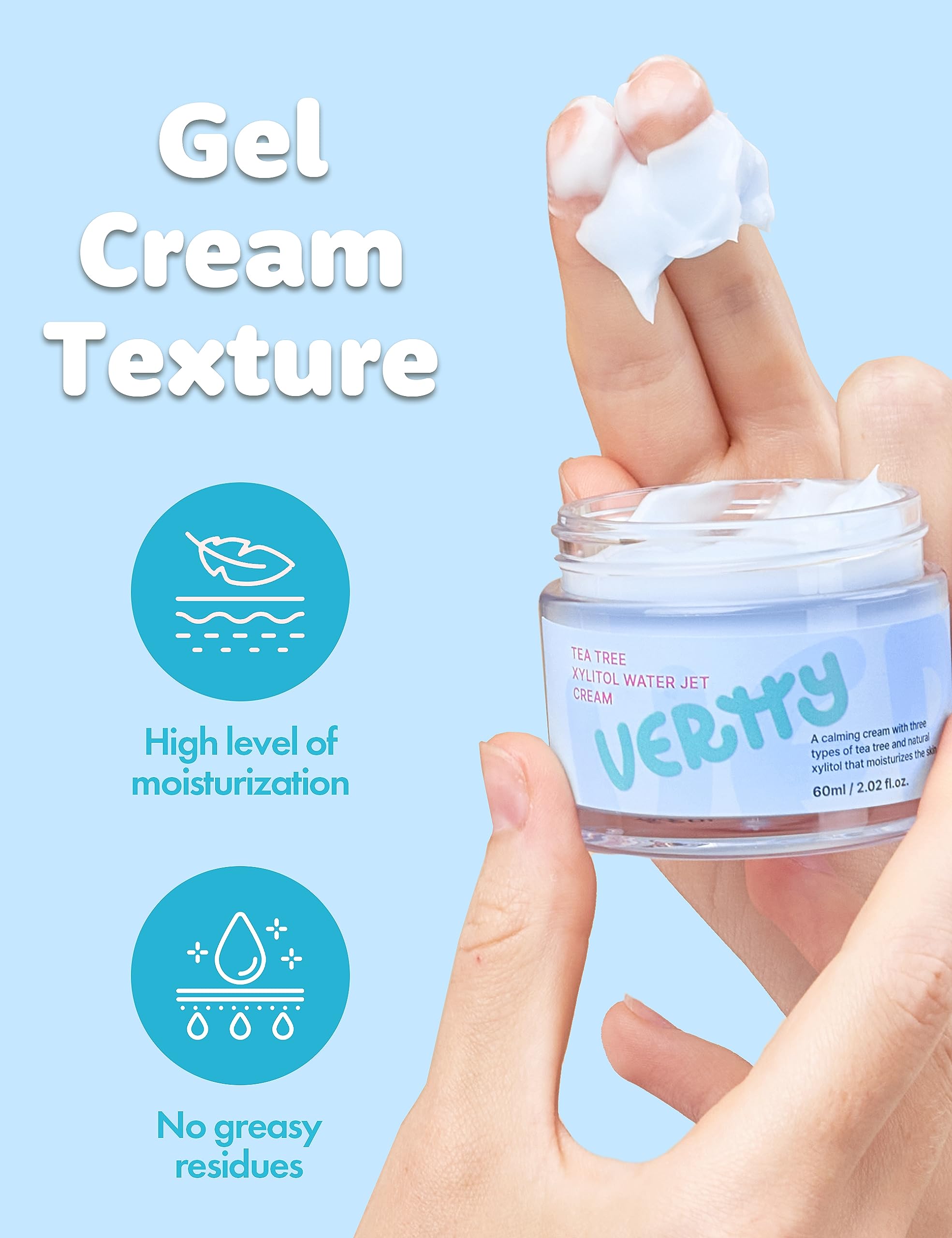 Ingredients panel emphasizes tea tree water and xylitol for soothing comfort.