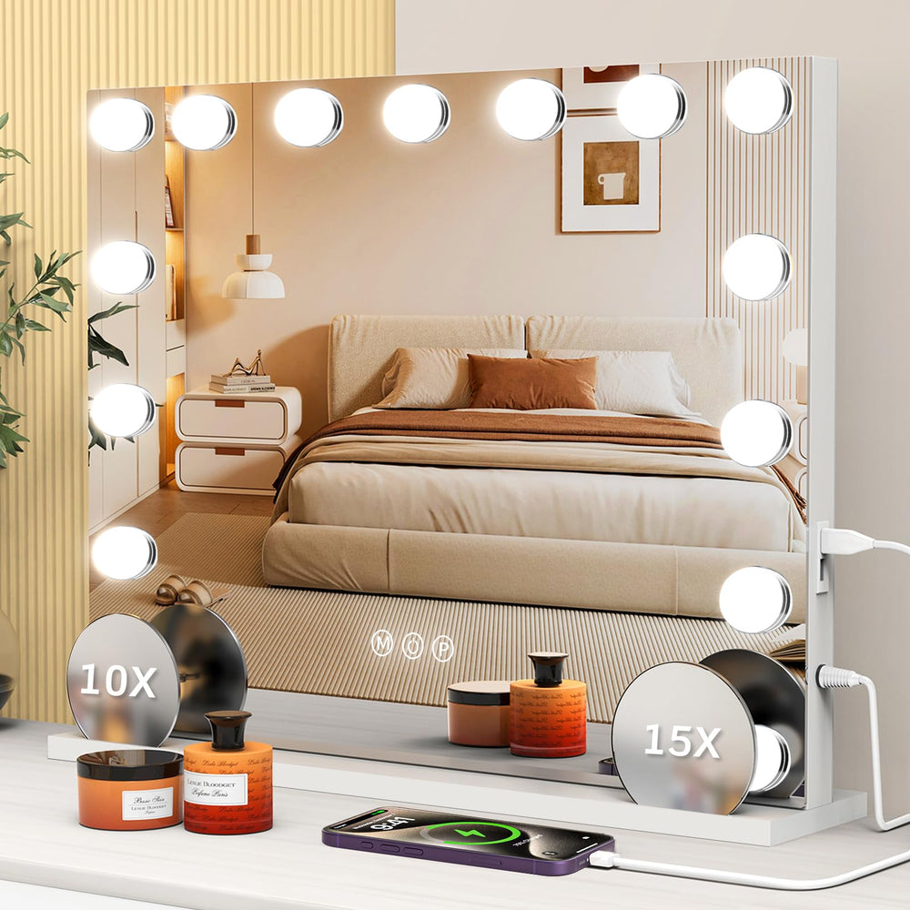 VESAUR vanity mirror with lights, 23 by 18 inches shown on a tabletop for makeup use