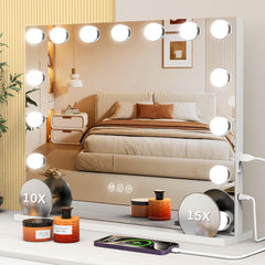VESAUR vanity mirror with lights, 23 by 18 inches shown on a tabletop for makeup use
