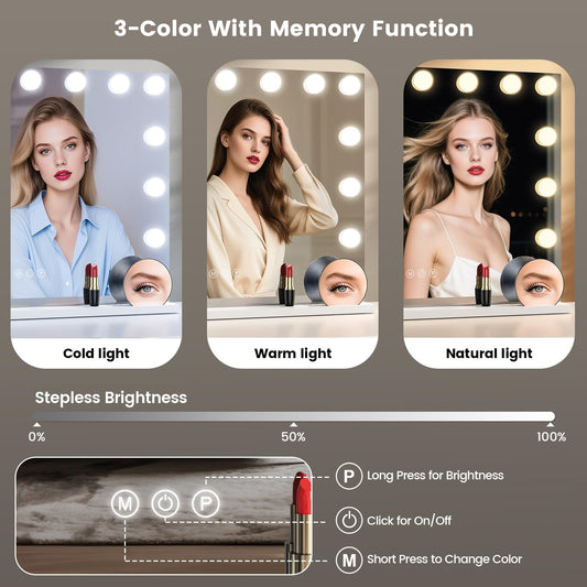 VESAUR vanity mirror close-up highlighting dimmable LED lighting for accurate color