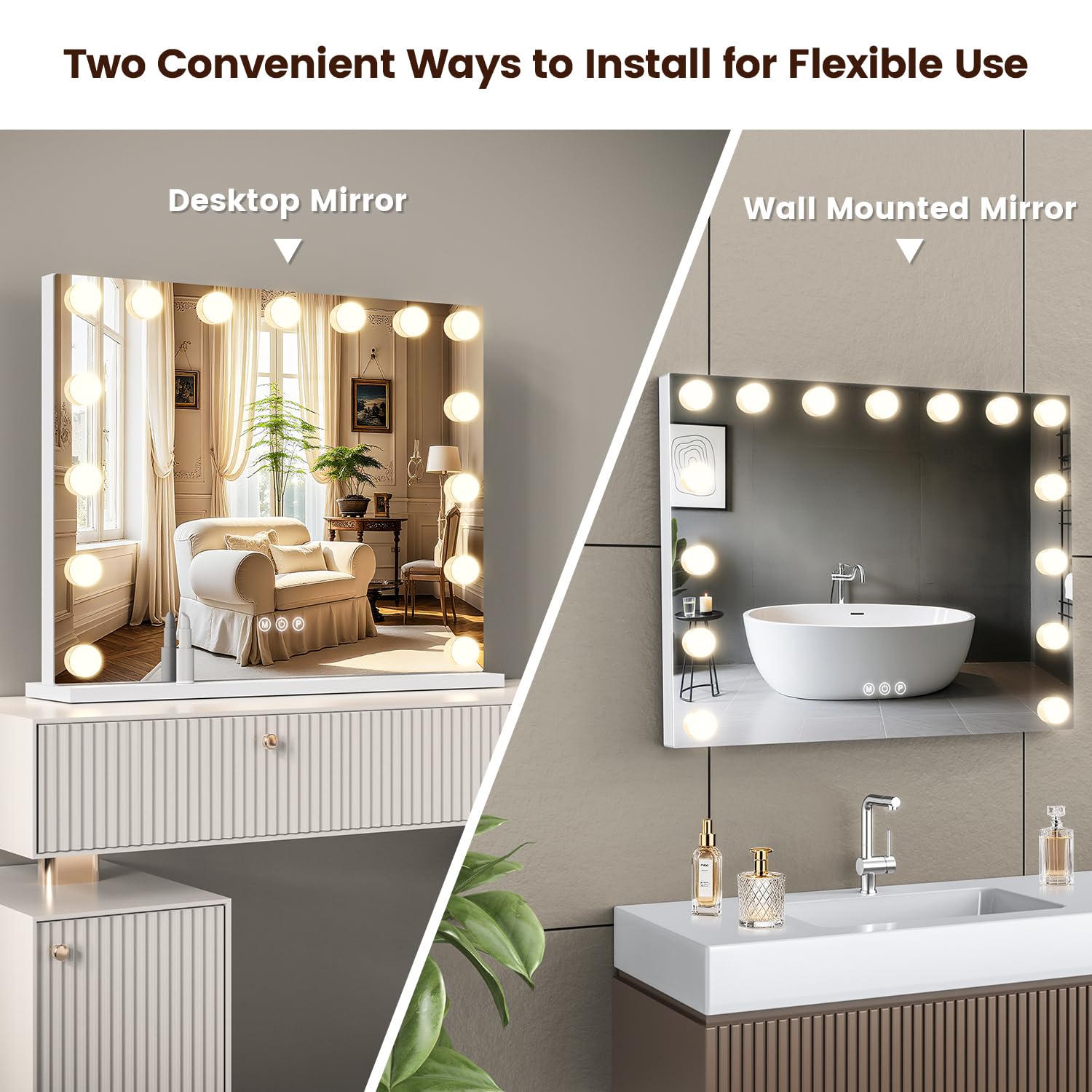 VESAUR vanity mirror supports tabletop and wall mounting for flexible placement
