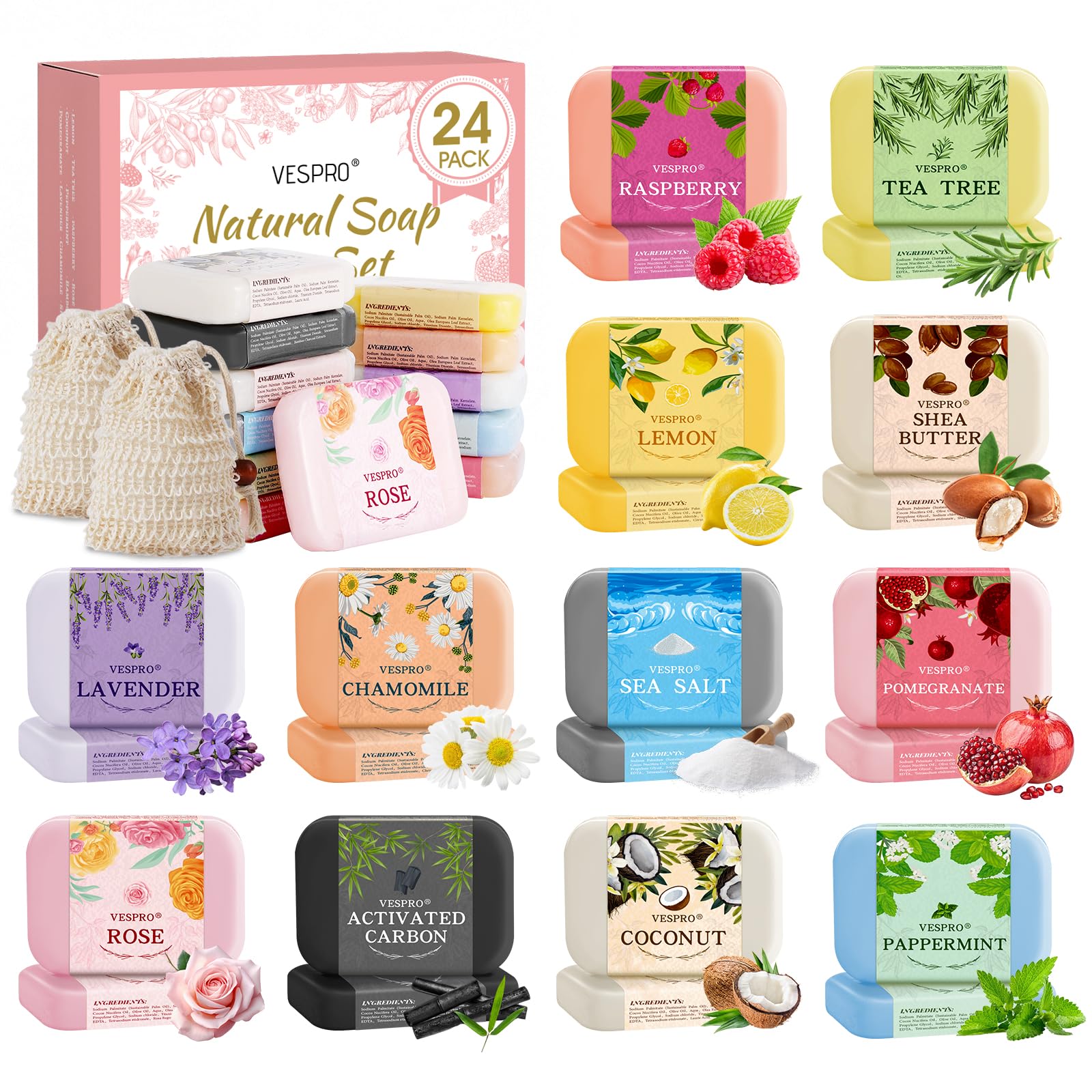 VESPRO 24-pack natural bar soaps with olive extract for nourishing daily cleansing.