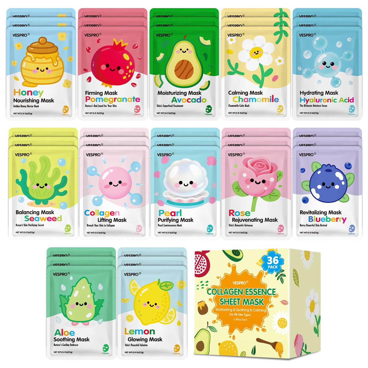 VESPRO 36-pack face masks gift set for spa nights and daily hydration.