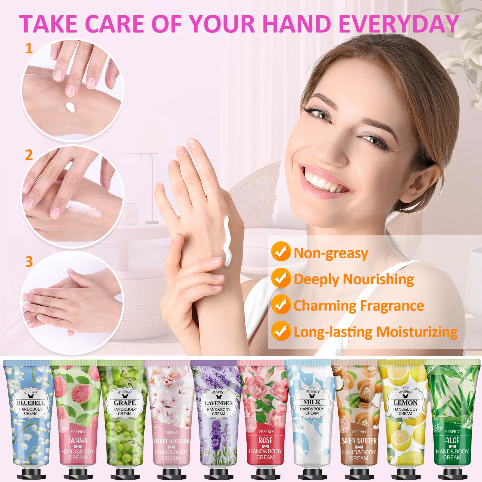 Non-greasy, fast-absorbing formula in VESPRO hand creams